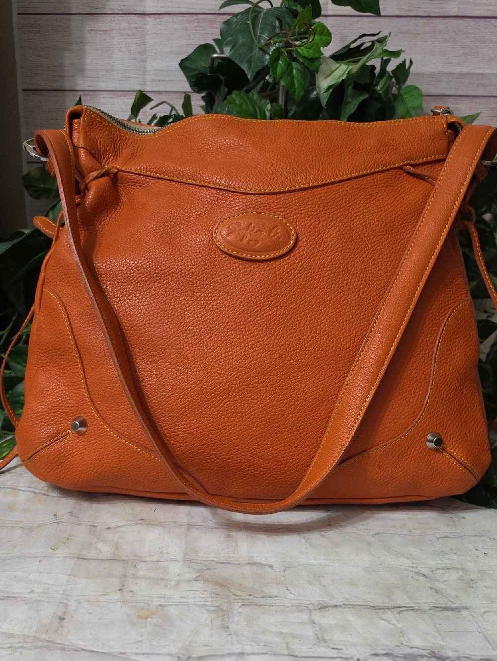 Sofia C. Large Pebbled Leather Shoulder Bag - Orange